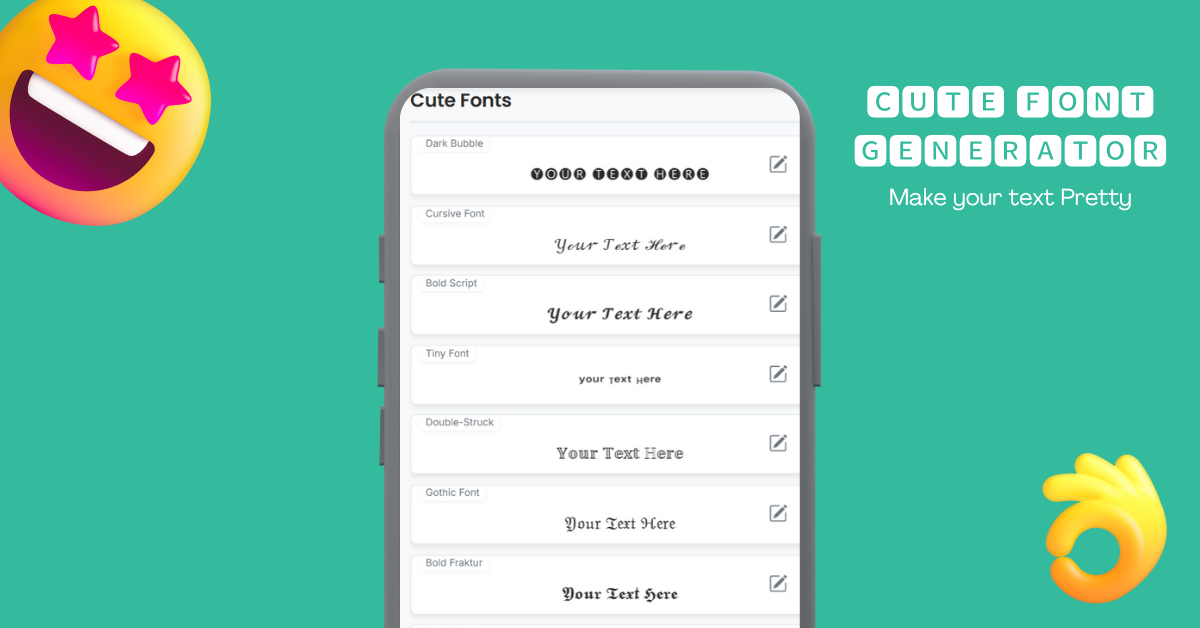 Mobile view of the Cute Font Generator tool showing cute text styles