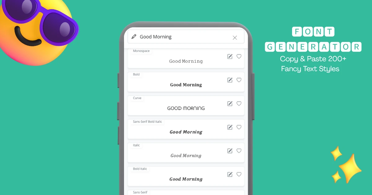 Mobile view of the Font Generator tool showing multiple cool text styles for 'Good Morning' text
