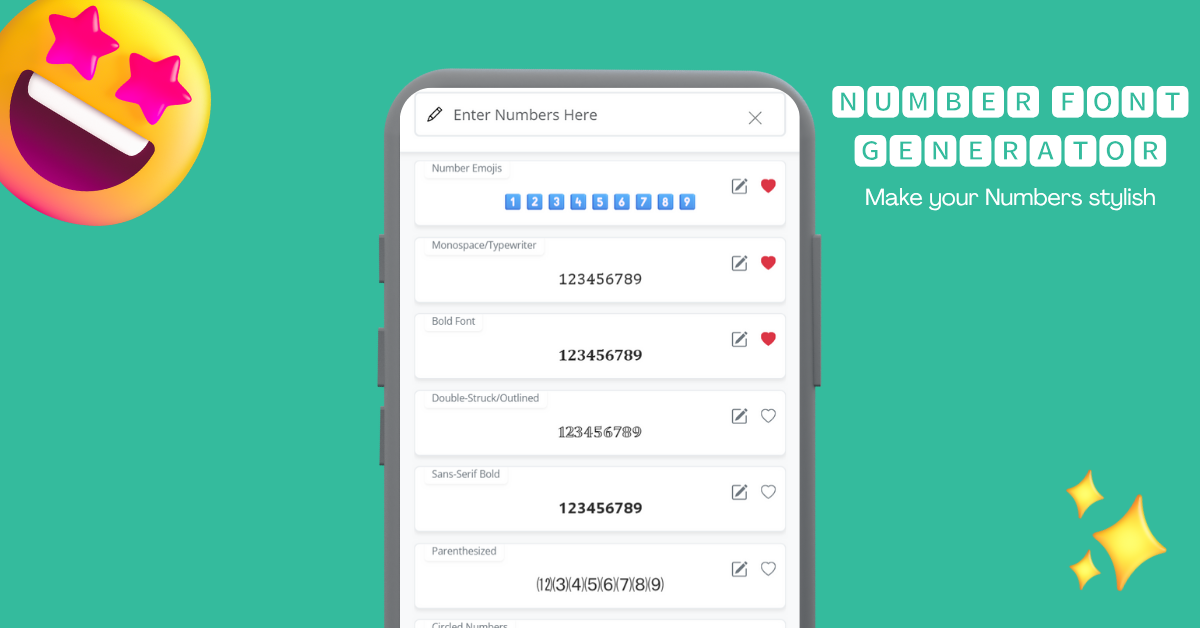 Mobile view of the Number Font Generator tool showing multiple fancy number styles